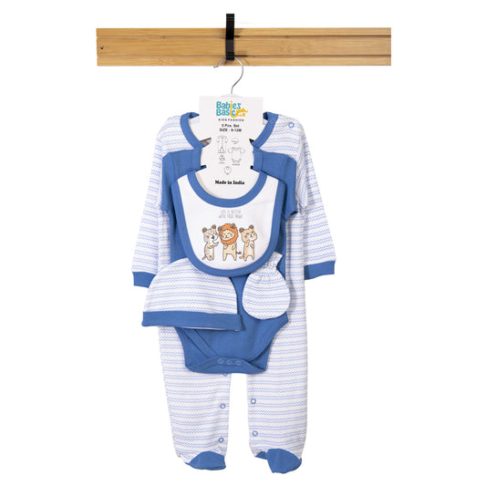 Babiesbasic 5 piece cotton Set include Bib, Romper, Mittens, cap and Sleepsuit- Life is Better, 3-6 Months , Blue