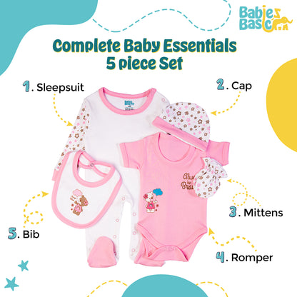 Babiesbasic 5 piece cotton Set include Bib, Romper, Mittens, cap and Sleepsuit- Always be brave, 6-9 Months , Pink