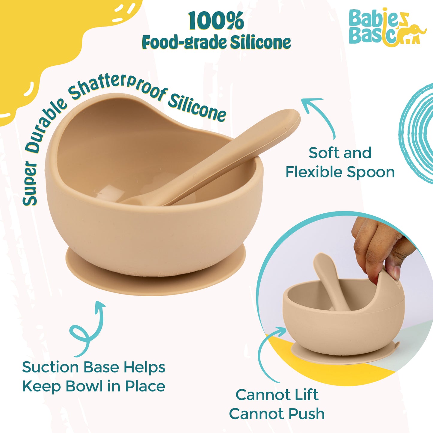 BabiesBasic Feeding Set, 2 Piece Silicone Set with Silicone Suction Bowl and Silicone Spoon - Beige