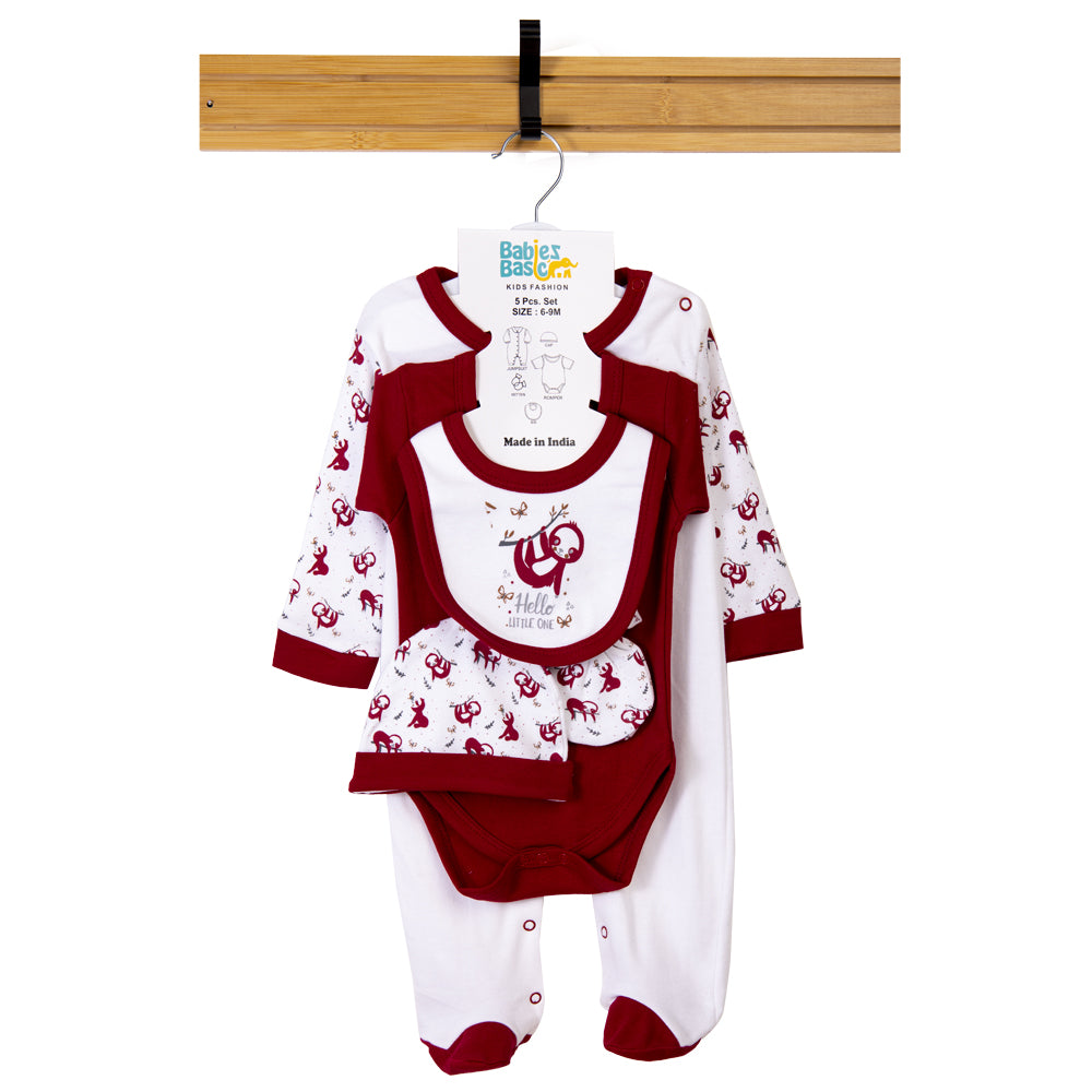 Babiesbasic 5 piece cotton Set include Bib, Romper, Mittens, cap and Sleepsuit- Hello Little One, 3-6 Months , Red