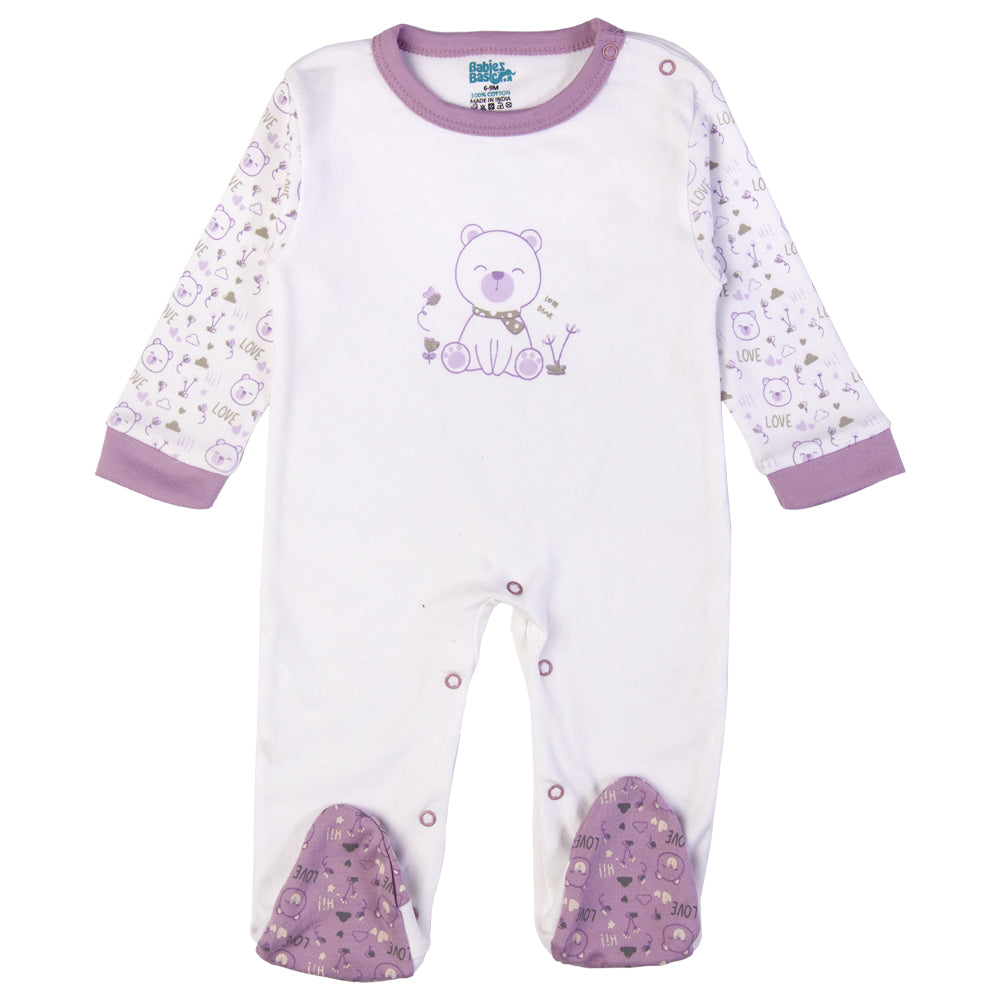 Babiesbasic 5 piece cotton Set include Bib, Romper, Mittens, cap and Sleepsuit- Teddy, 9-12 Months , Dark Mouve