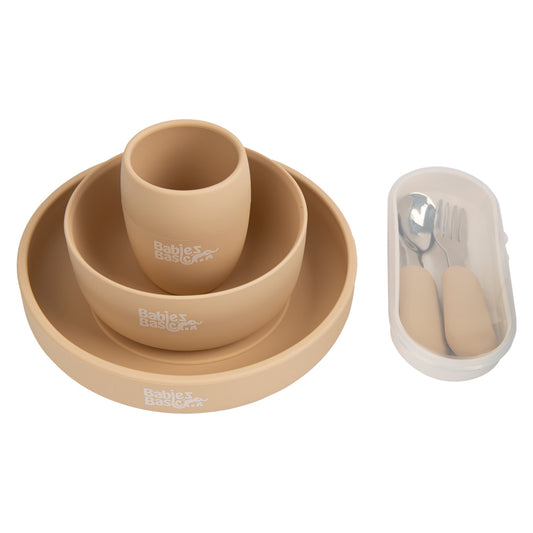 BabiesBasic 5 pc Set with silicone plate, bowl, cup and stainless steel cutlery with case - Beige