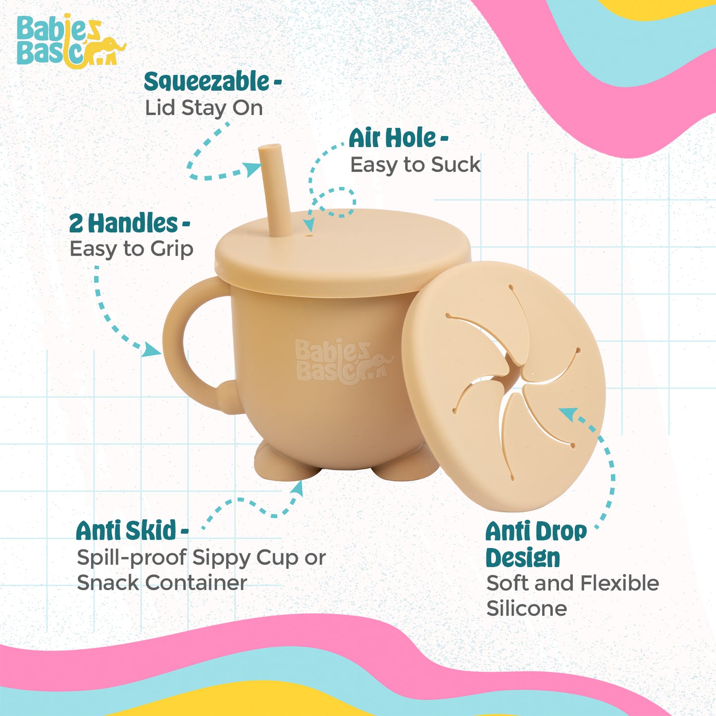 BabiesBasic Multi Purpose 2 in 1 Silicone Cup with Straw or a Snack Lid - Beige