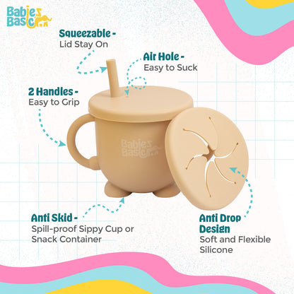 BabiesBasic Multi Purpose 2 in 1 Silicone Cup with Straw or a Snack Lid - Beige