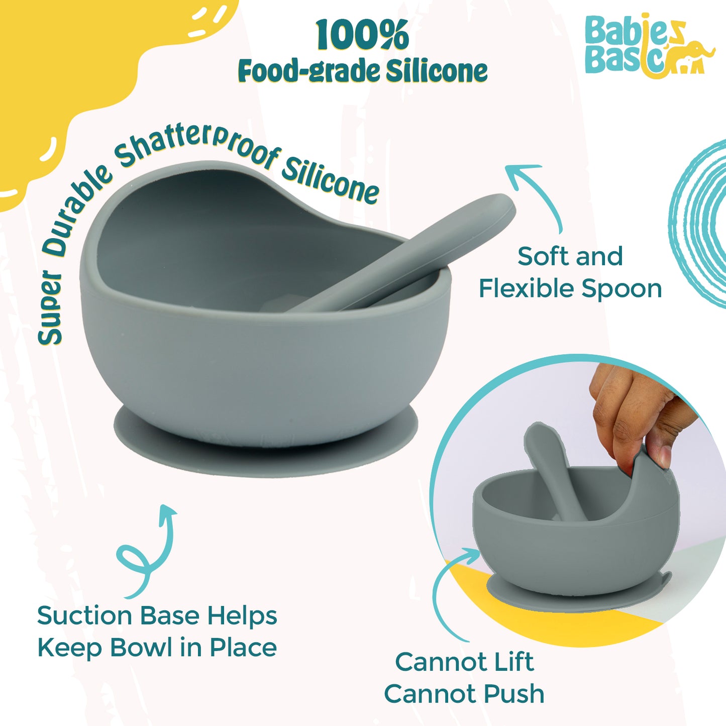 BabiesBasic Feeding Set, 2 Piece Silicone Set with Silicone Suction Bowl and Silicone Spoon - Indigo