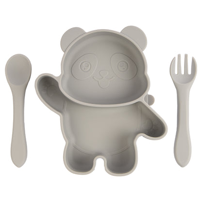 BabiesBasic Feeding Set, 3 Piece, Silicone Feeding Panda Set with Silicone Suction Plate, Spoon and Fork - Grey