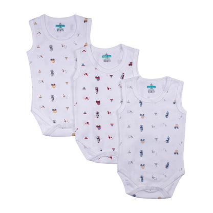 BabiesBasic 100% Super Combed Cotton, Sleeveless Romper/Bodysuit, for New Born to 24months. Set of 3 - Printed, 6-9 Months