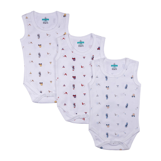 BabiesBasic 100% Super Combed Cotton, Sleeveless Romper/Bodysuit, for New Born to 24months. Set of 3 - Printed, 6-9 Months