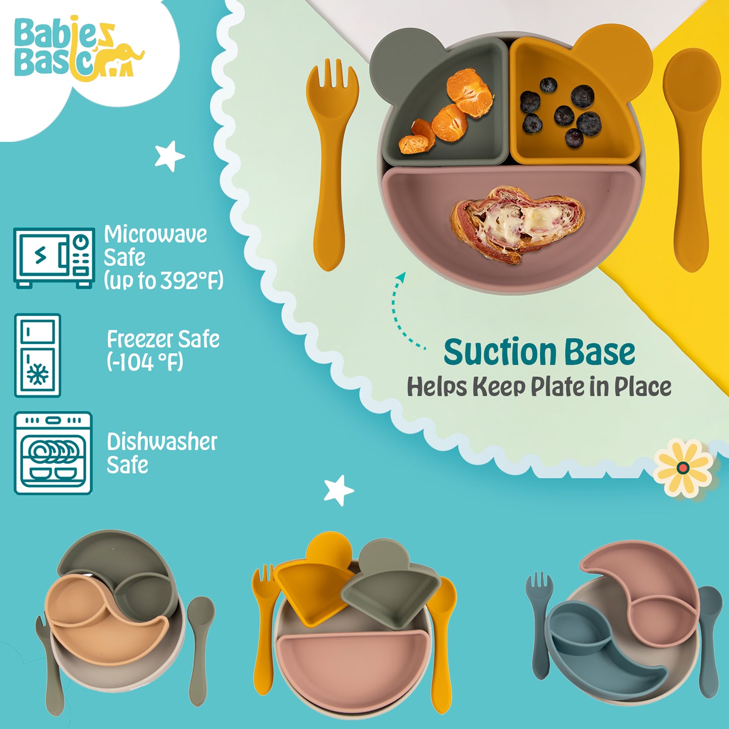 BabiesBasic Feeding Set with removable sections , 3 Piece Set with Silicone Plate, Spoon and Fork - Green