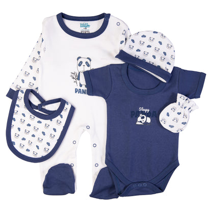 Babiesbasic 5 piece cotton Set include Bib, Romper, Mittens, cap and Sleepsuit- Sleepy Panda, 3-6 Months , Blue