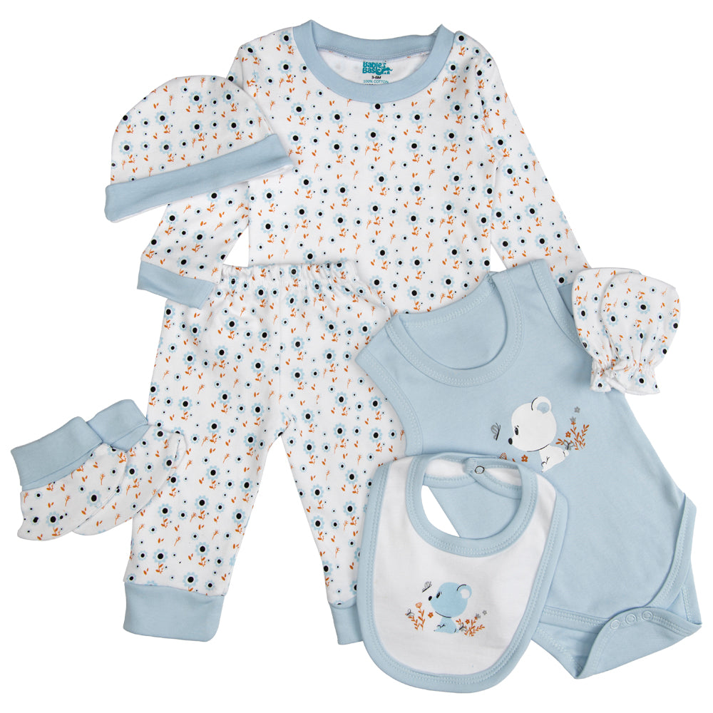 BabiesBasic 7 piece unisex 100% cotton Set include bib, socks, mitten, cap, romper, top and bottom set, 3-6 Months , Blue