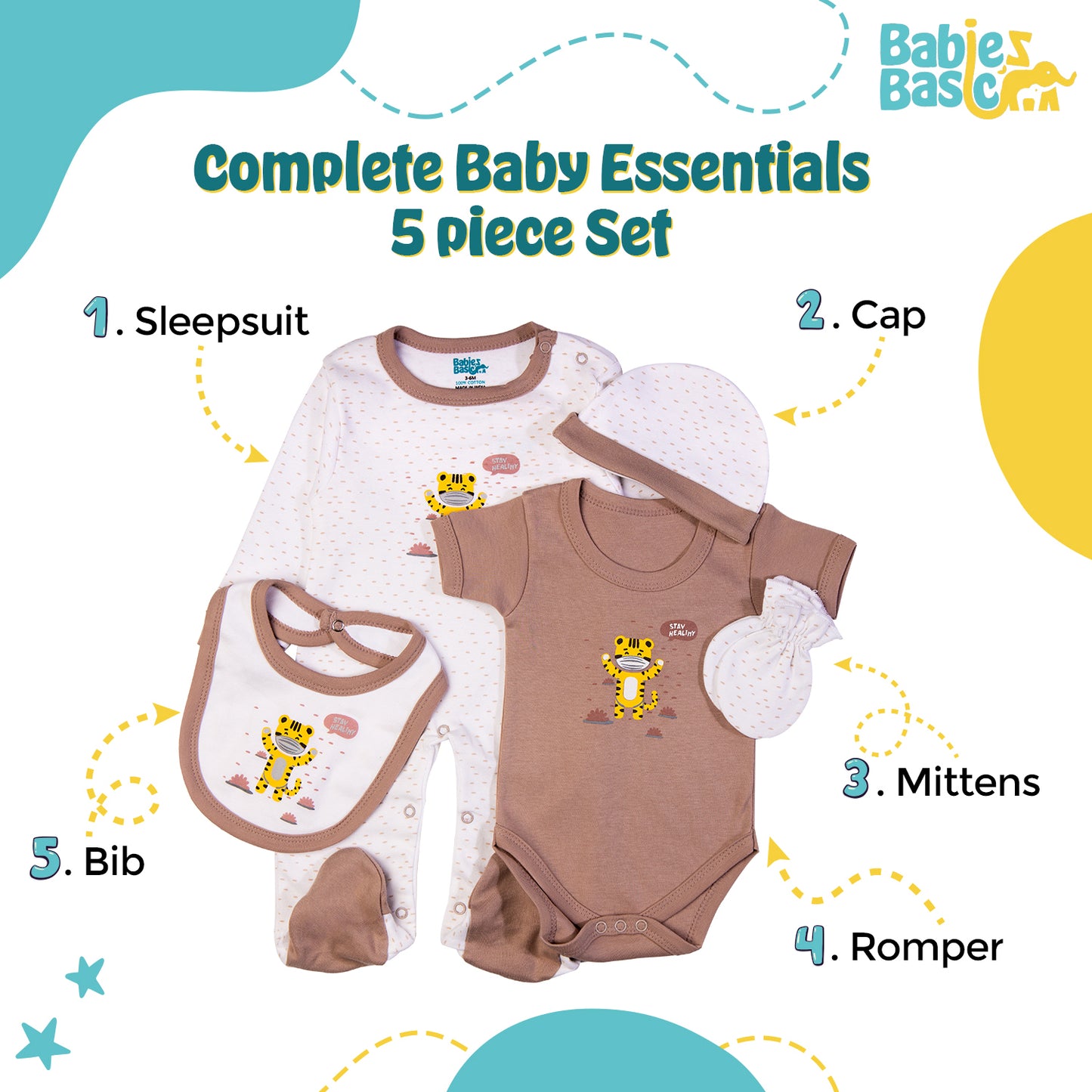 Babiesbasic 5 piece cotton Set include Bib, Romper, Mittens, cap and Sleepsuit- Stay Healthly, 9-12 Months , Grey