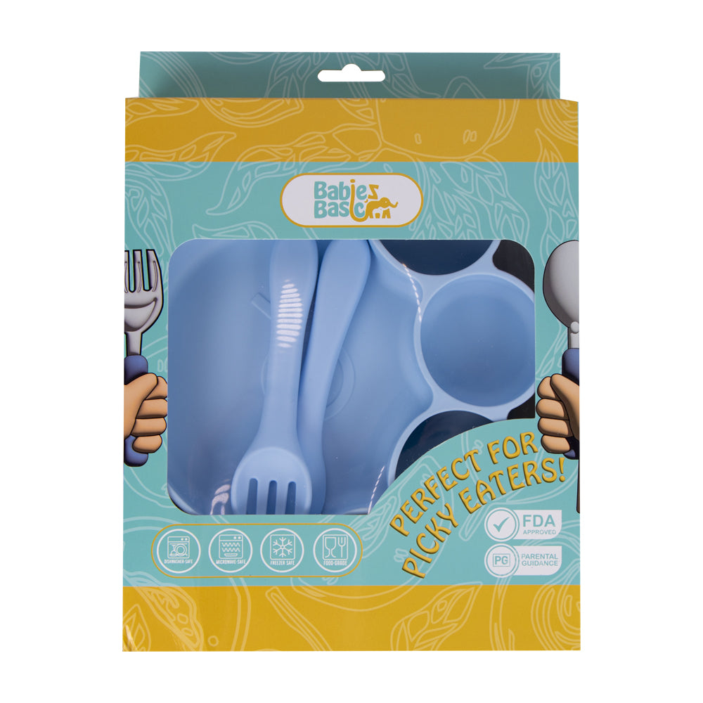 BabiesBasic Feeding Set, 3 Piece, Silicone Feeding Paw Set with Silicone Suction Plate, Spoon and Fork - Blue