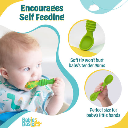 BabiesBasic Soft Tip BPA Free Silicone First Stage Training Spoons - Green