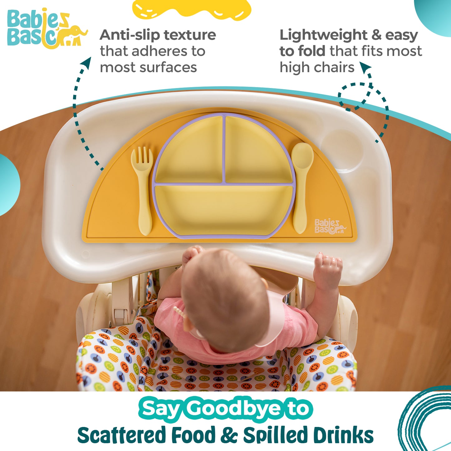 Babies Basic Silicone Placemat for Kids, BPA Free, Phthalate Free, Non-Slip Design, Easy to Clean - Yellow