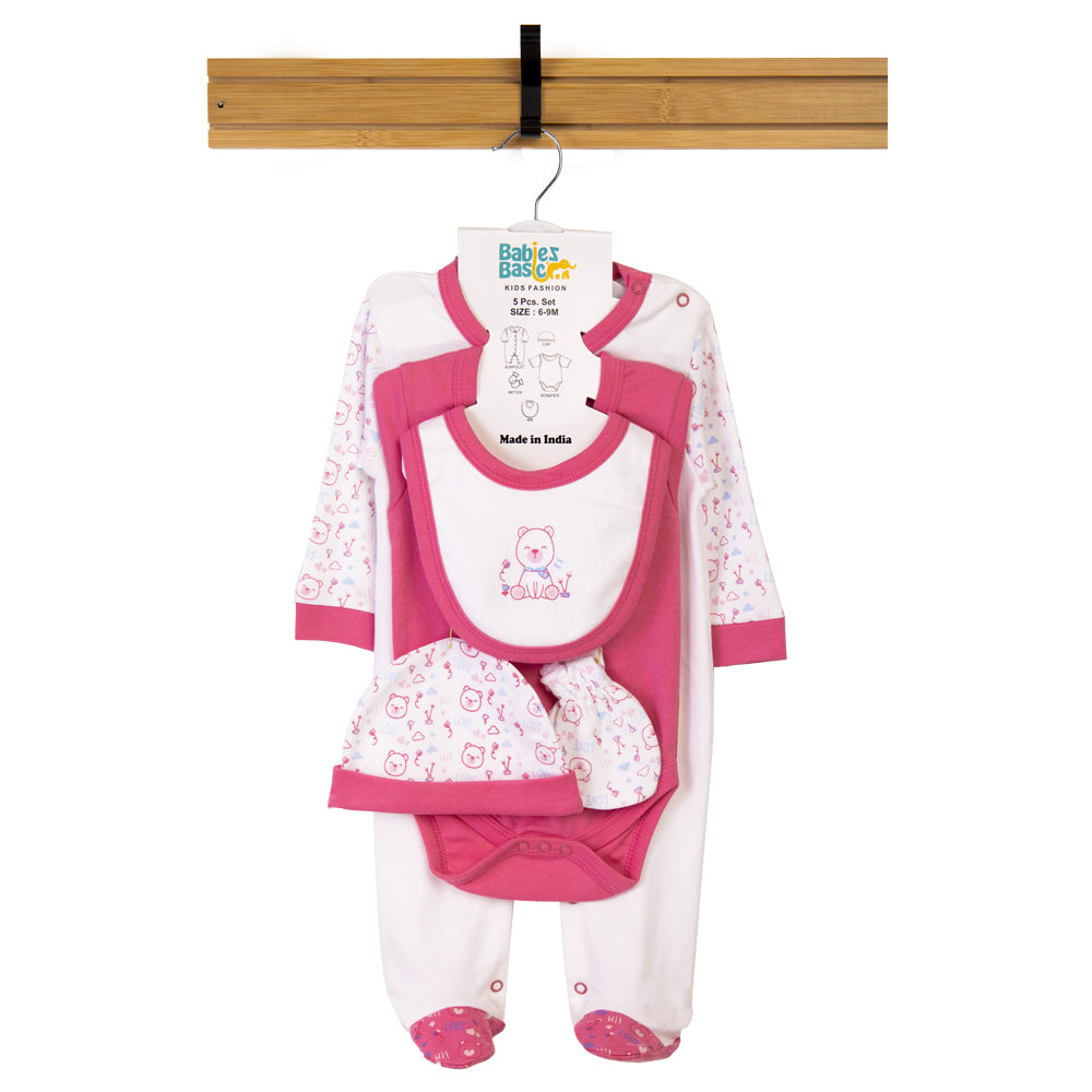 Babiesbasic 5 piece cotton Set include Bib, Romper, Mittens, cap and Sleepsuit- Teddy, 9-12 Months , Red