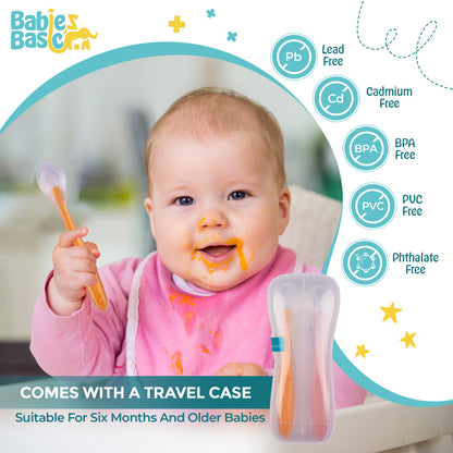 BabiesBasic Spoon Set with Travel Case, Set of 2, Suitable for 6M+ - Yellow & Blue