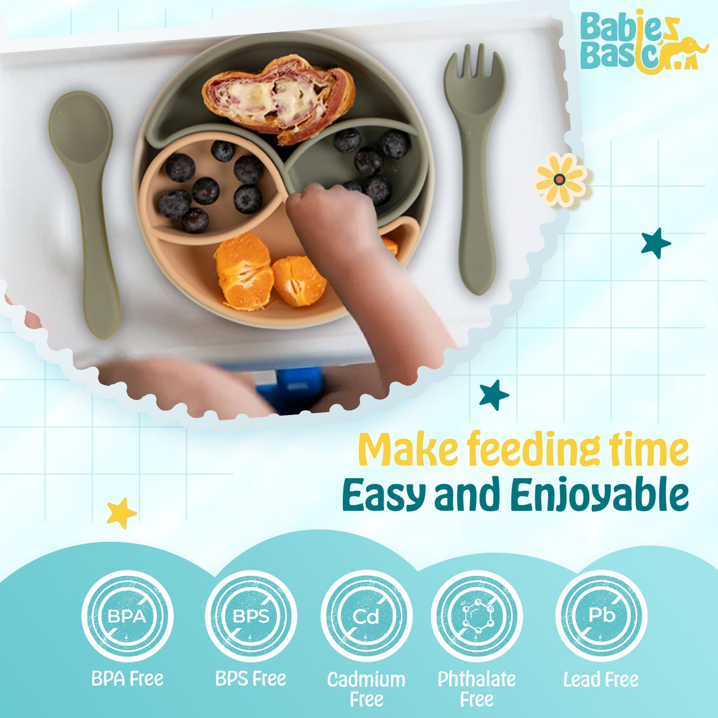 BabiesBasic Feeding Set with removable sections , 3 Piece Set with Silicone Plate, Spoon and Fork - Cream