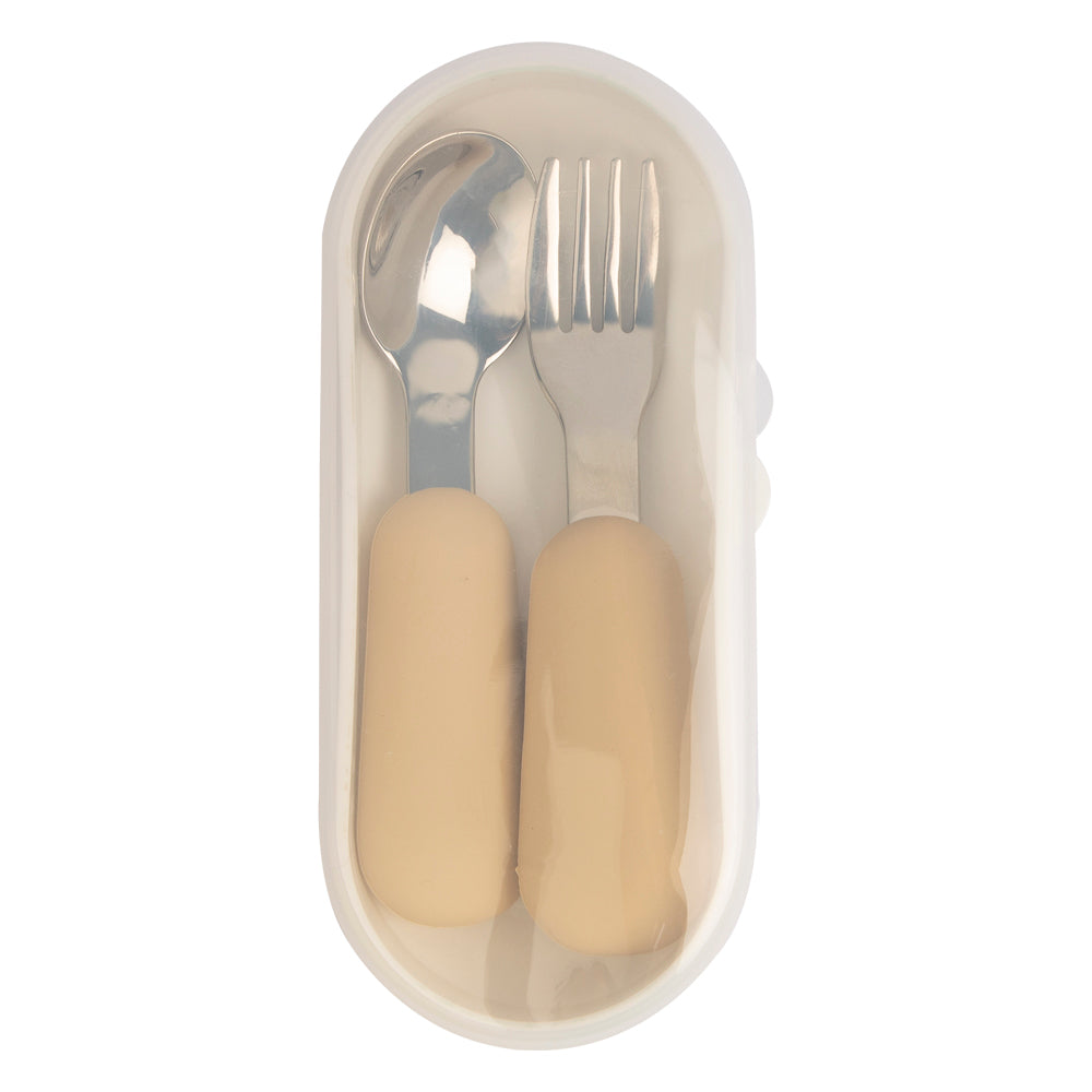 Babies Basic Stainless Steel Cutlery Set with Spoon and Fork with travel case - Beige