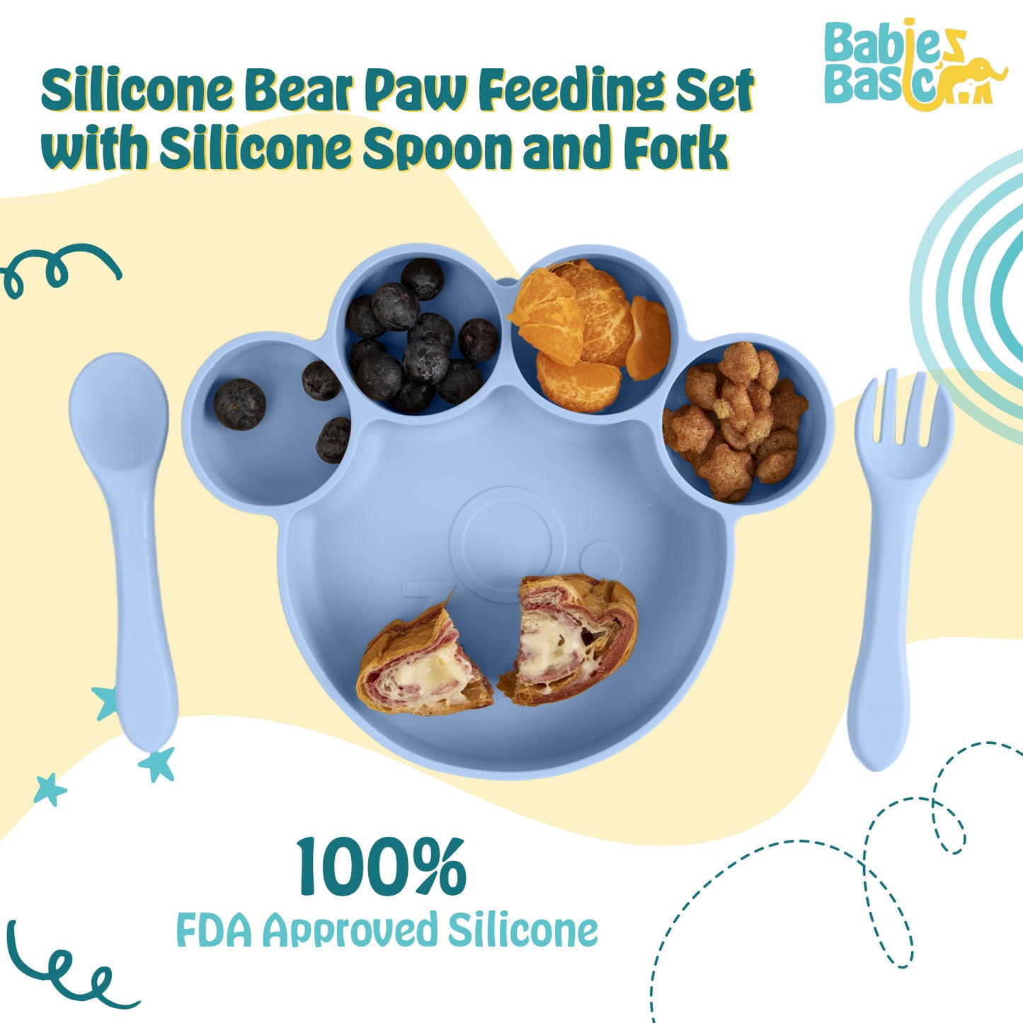 BabiesBasic Feeding Set, 3 Piece, Silicone Feeding Paw Set with Silicone Suction Plate, Spoon and Fork - Blue