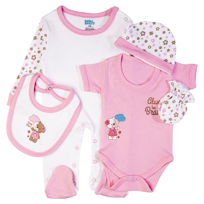 Babiesbasic 5 piece cotton Set include Bib, Romper, Mittens, cap and Sleepsuit- Always be brave, 9-12 Months , Pink