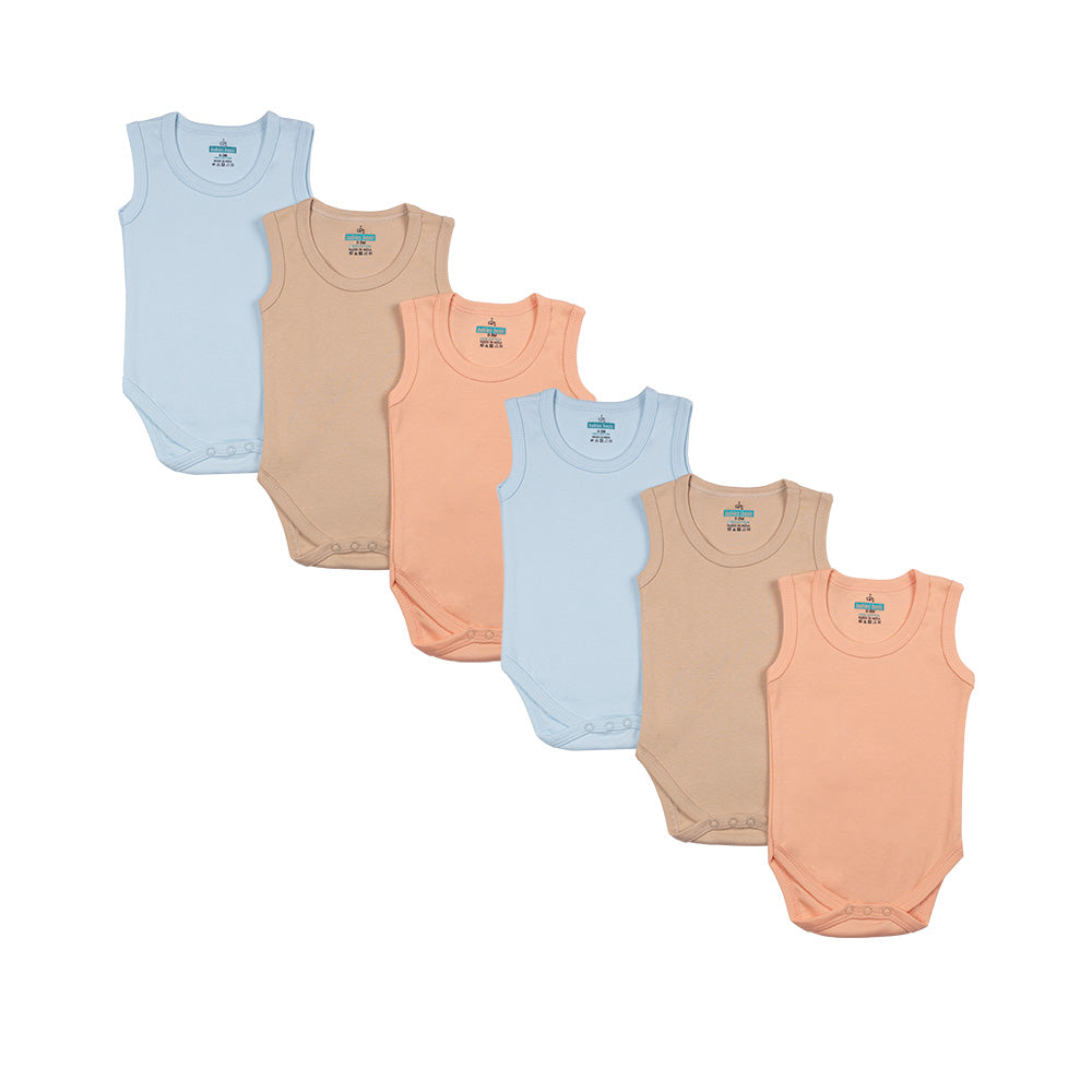 BabiesBasic 100% Super Combed Cotton, SleeveLess Romper/Bodysuit, Set of 6 - Blue, Orange, Brown, 3-6 Months