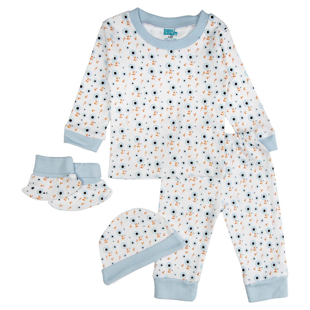 BabiesBasic 7 piece unisex 100% cotton Set include bib, socks, mitten, cap, romper, top and bottom set, 6-9 Months , Blue