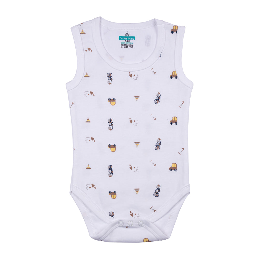 BabiesBasic 100% Super Combed Cotton, Sleeveless Romper/Bodysuit, for New Born to 24months. Set of 3 - Printed, 9-12 Months