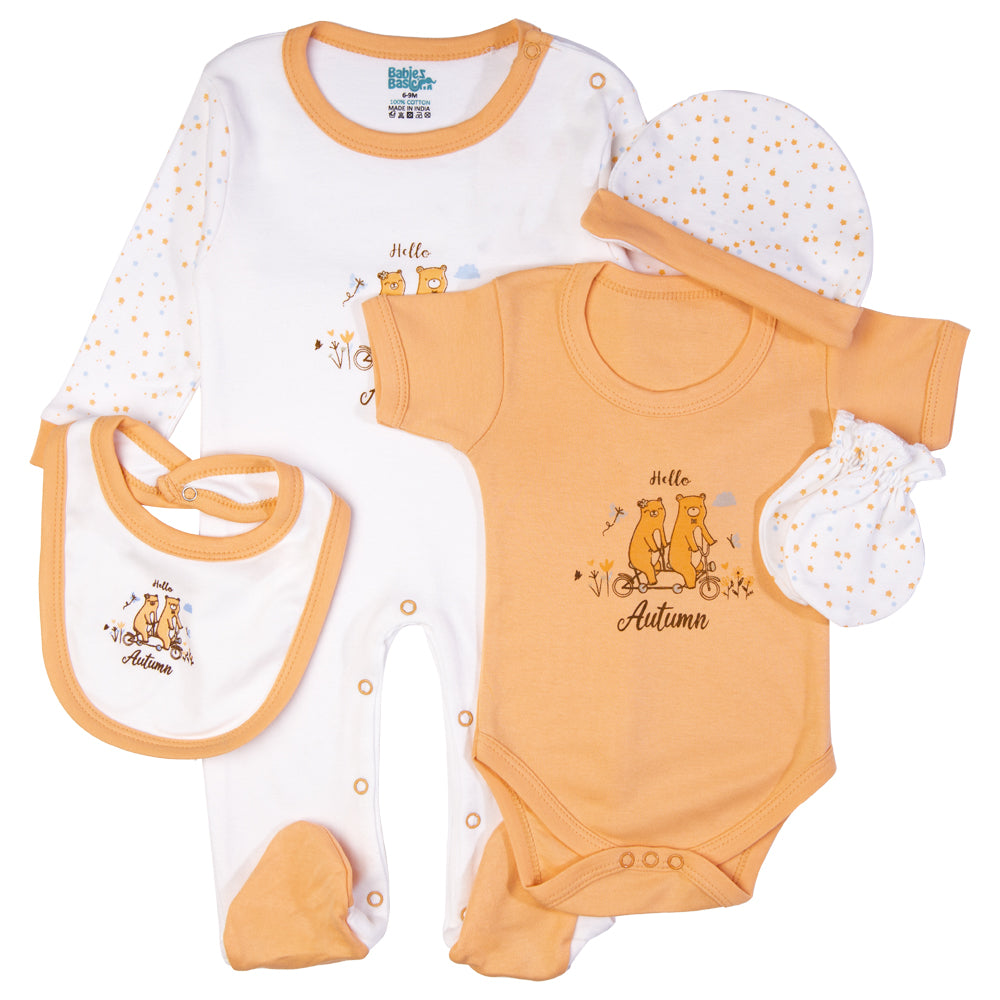 Babiesbasic 5 piece cotton Set include Bib, Romper, Mittens, cap and Sleepsuit- Hello Autumn, 6-9 Months , Pink