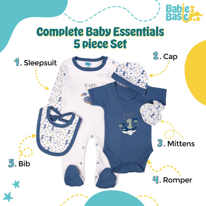 Babiesbasic 5 piece cotton Set include Bib, Romper, Mittens, cap and Sleepsuit- Be Happy, 6-9 Months , Blue