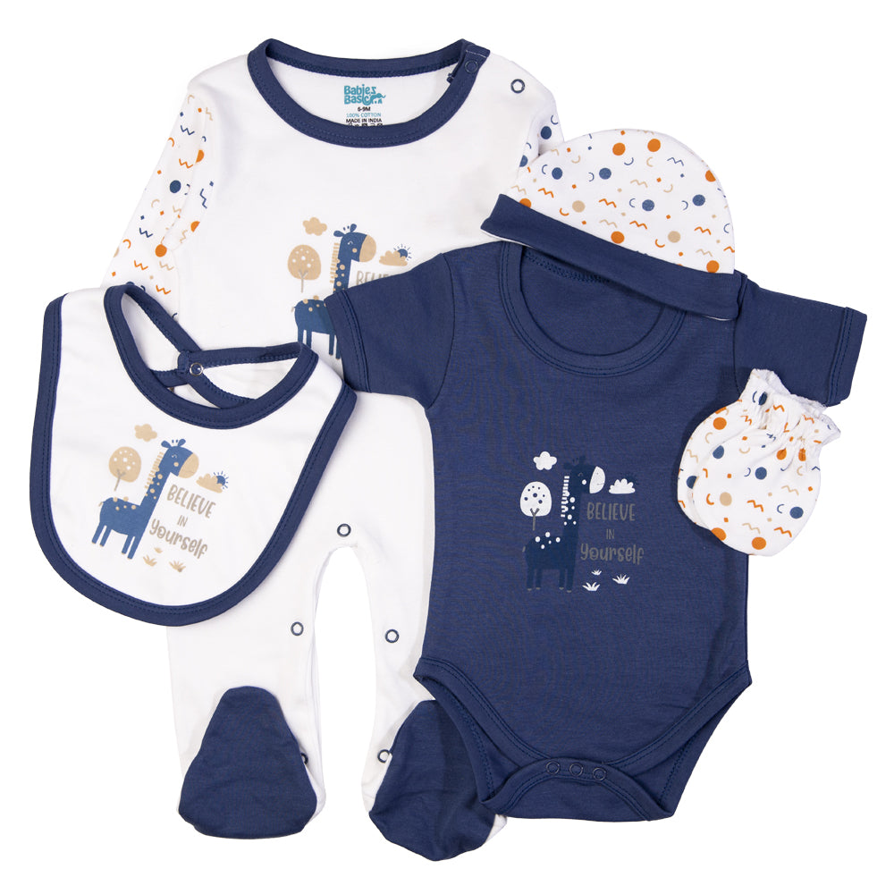 Babiesbasic 5 piece cotton Set include Bib, Romper, Mittens, cap and Sleepsuit- Believe in Yourself, 9-12 Months , Blue