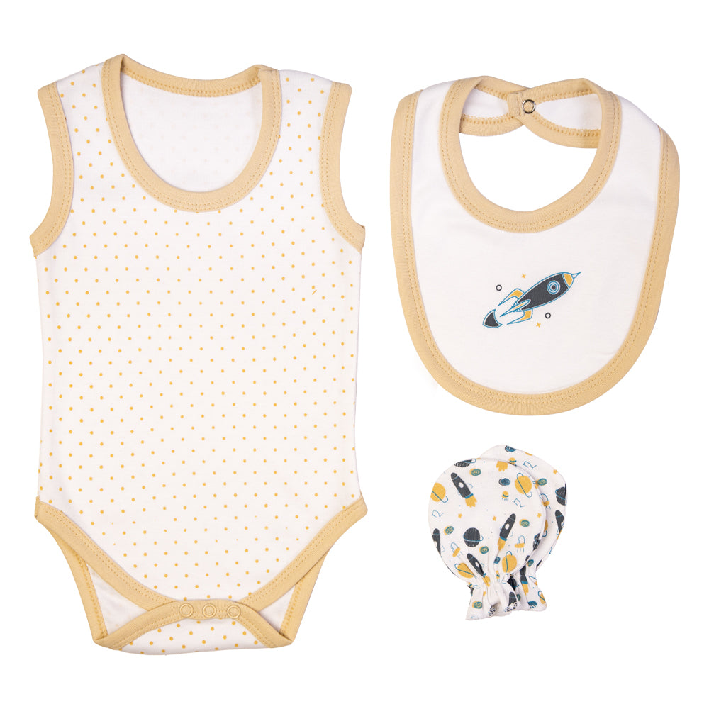 BabiesBasic 7 piece cotton Set include bib, blanket, mitten, cap, romper, top and bottom set, 9-12 Months , Beige