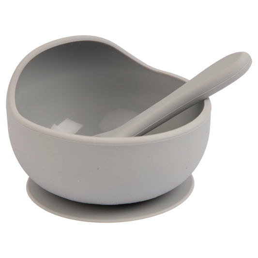 BabiesBasic Feeding Set, 2 Piece Silicone Set with Silicone Suction Bowl and Silicone Spoon - Grey