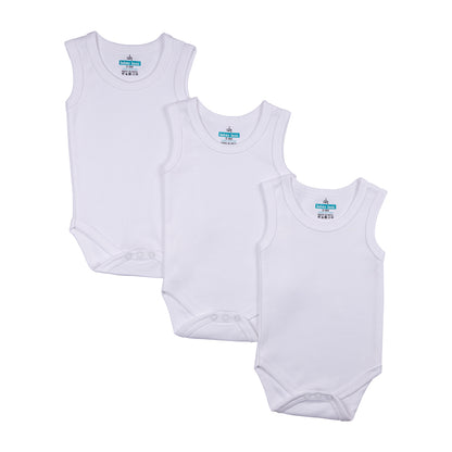 BabiesBasic 100% Super Combed Cotton, Sleeveless Romper/Bodysuit, for New Born to 24months. Set of 3 - White, 3-6 Months