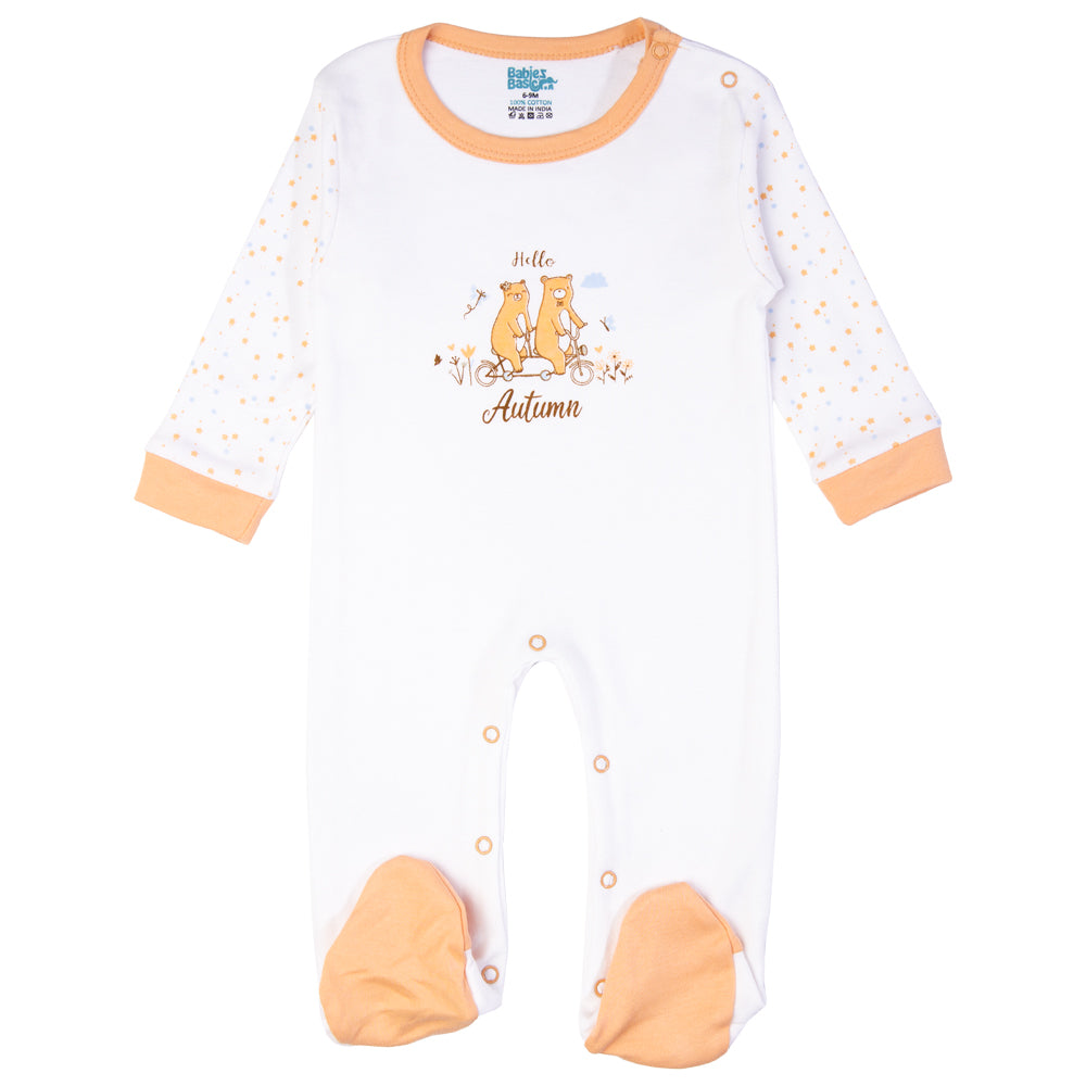 Babiesbasic 5 piece cotton Set include Bib, Romper, Mittens, cap and Sleepsuit- Hello Autumn, 3-6 Months , Pink