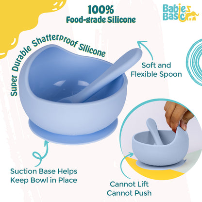 BabiesBasic Feeding Set, 2 Piece Silicone Set with Silicone Suction Bowl and Silicone Spoon - Blue