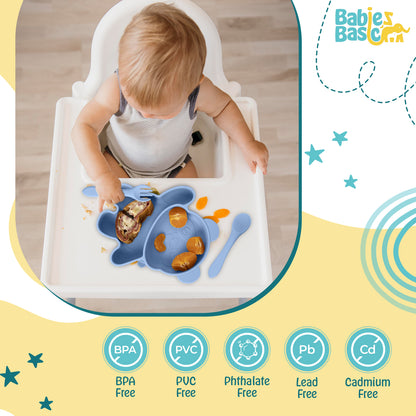 BabiesBasic Feeding Set, 3 Piece, Silicone Feeding Panda Set with Silicone Suction Plate, Spoon and Fork - Blue