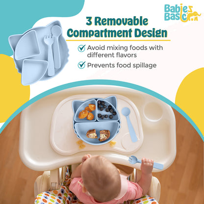 BabiesBasic Feeding Set with removable sections , 3 Piece Cat Set with Silicone Plate, Spoon and Fork - Blue