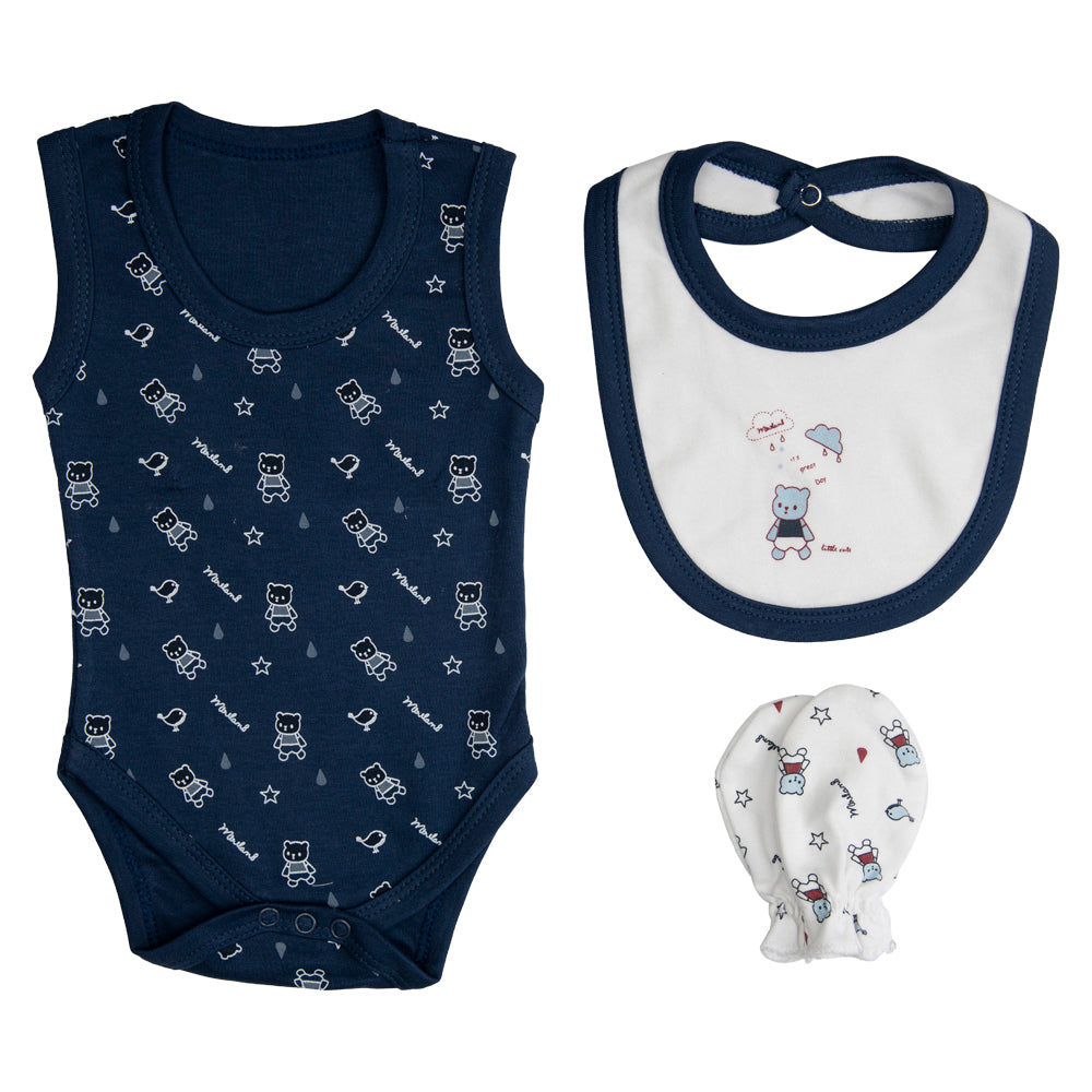 BabiesBasic 7 piece unisex 100% cotton Set include bib, socks, mitten, cap, romper, top and bottom set, 3-6 Months , Blue