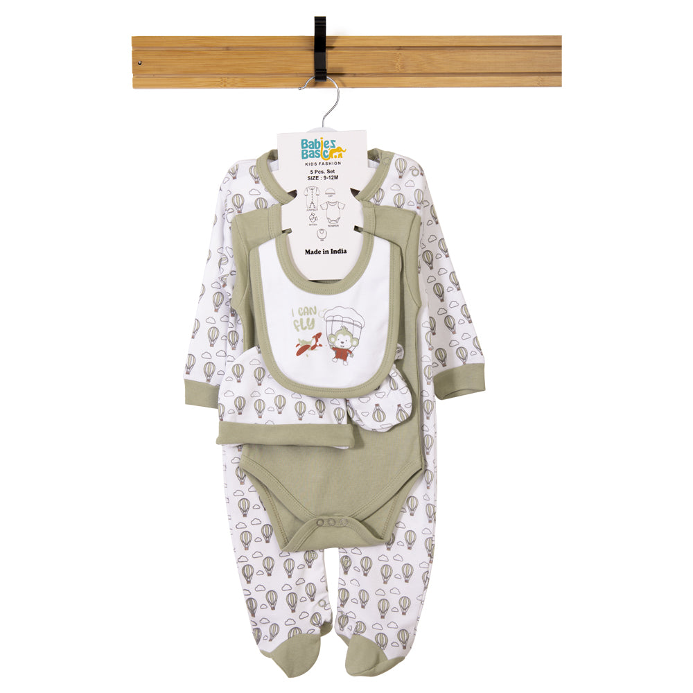 Babiesbasic 5 piece cotton Set include Bib, Romper, Mittens, cap and Sleepsuit- I can Fly, 9-12 Months , Green