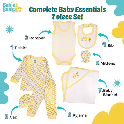 BabiesBasic 7 piece cotton Set include bib, blanket, mitten, cap, romper, top and bottom set, 9-12 Months , Yellow