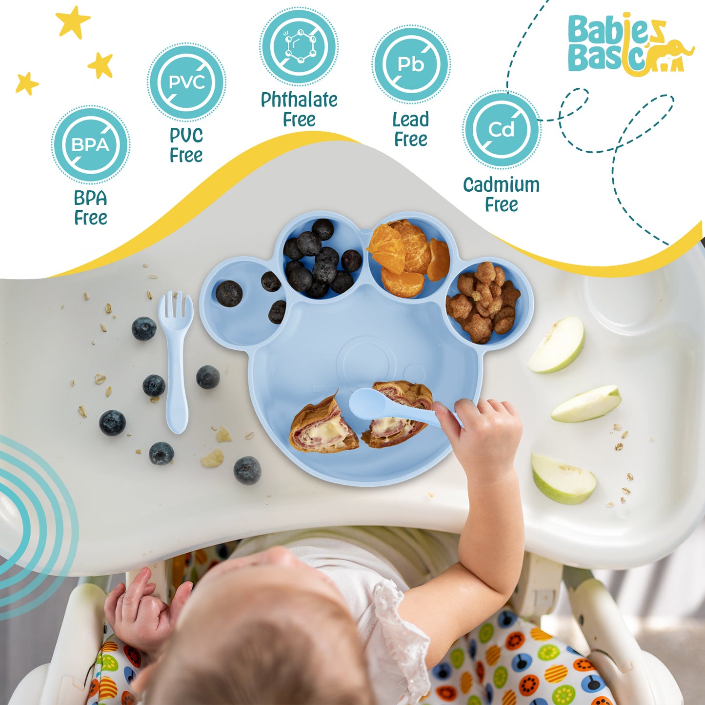 BabiesBasic Feeding Set, 3 Piece, Silicone Feeding Paw Set with Silicone Suction Plate, Spoon and Fork - Blue