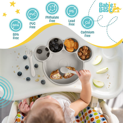 BabiesBasic Feeding Set, 3 Piece, Silicone Feeding Paw Set with Silicone Suction Plate, Spoon and Fork - Grey