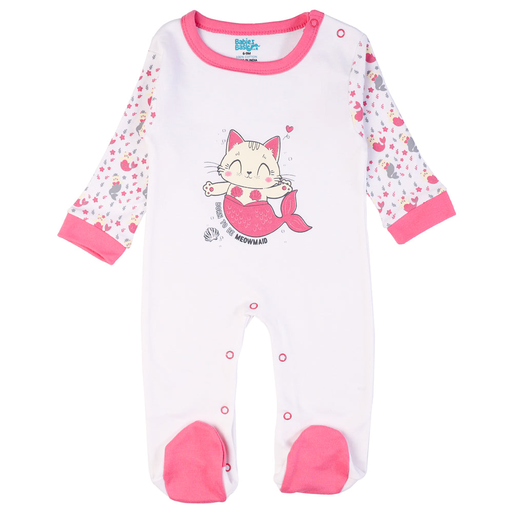 Babiesbasic 5 piece cotton Set include Bib, Romper, Mittens, cap and Sleepsuit- Meowmaid, 6-9 Months , Red