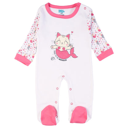 Babiesbasic 5 piece cotton Set include Bib, Romper, Mittens, cap and Sleepsuit- Meowmaid, 6-9 Months , Red