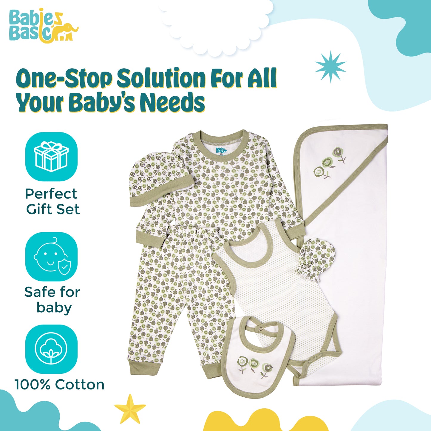 BabiesBasic 7 piece unisex 100% cotton Gift Set include bib, blanket, mitten, cap, romper, top and bottom set, 3-6 Months , Green