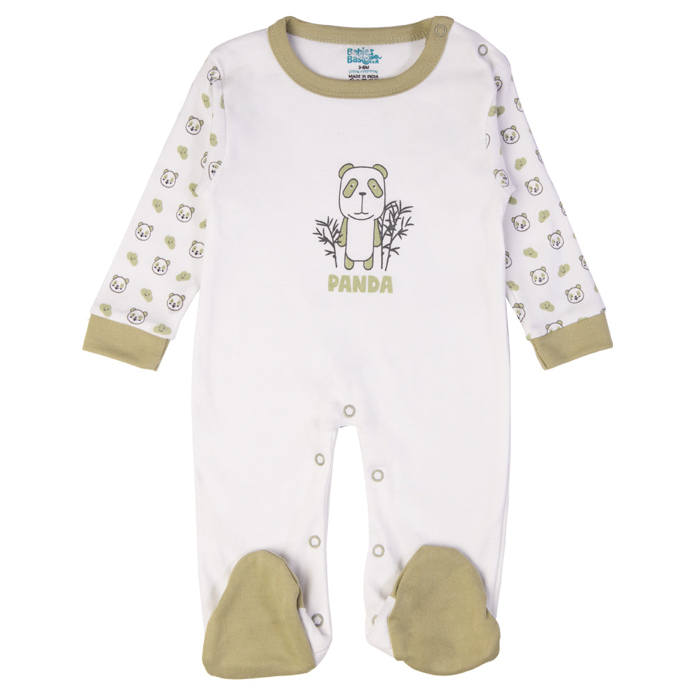 Babiesbasic 5 piece cotton Set include Bib, Romper, Mittens, cap and Sleepsuit- Sleepy Panda, 9-12 Months , Green