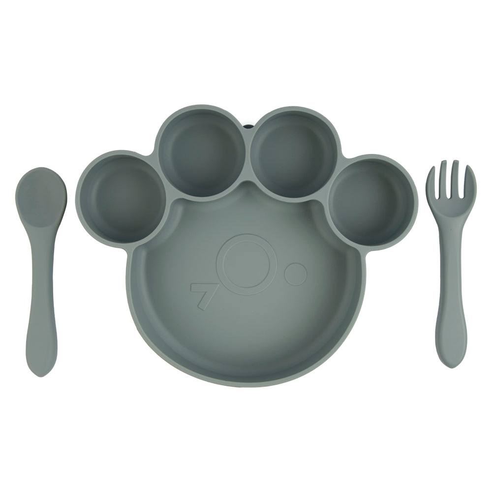 BabiesBasic Feeding Set, 3 Piece, Silicone Feeding Paw Set with Silicone Suction Plate, Spoon and Fork - Indigo