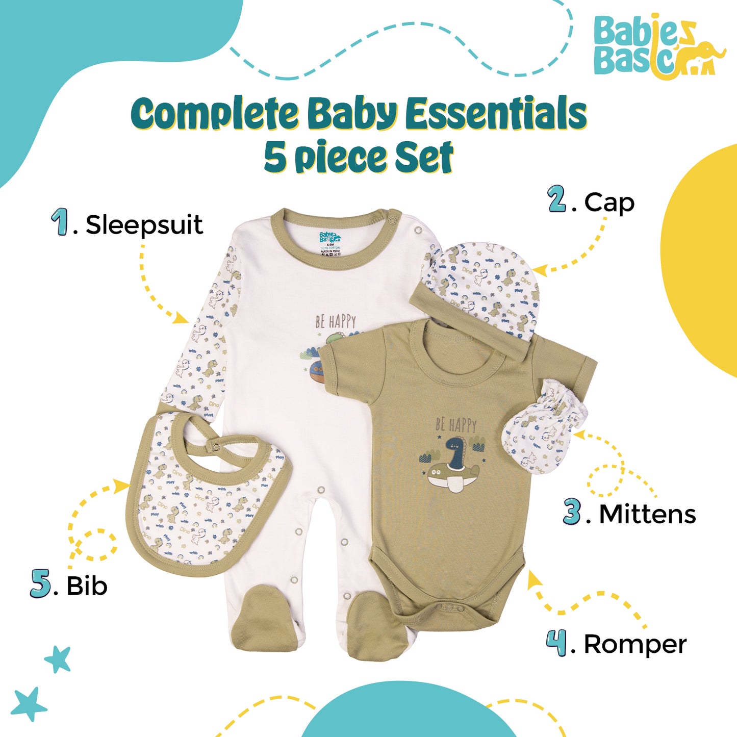 Babiesbasic 5 piece cotton Set include Bib, Romper, Mittens, cap and Sleepsuit- Be Happy, 3-6 Months , Green