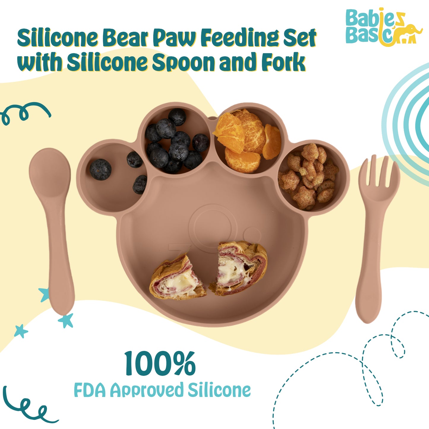 BabiesBasic Feeding Set, 3 Piece, Silicone Feeding Paw Set with Silicone Suction Plate, Spoon and Fork - Brown